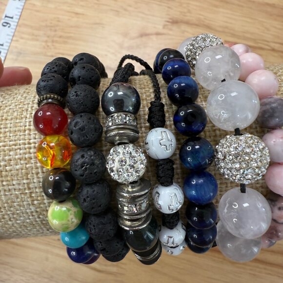 Stack Set Of 7 Beaded Adjustable Bracelets With Lava Rock Gemstone & Crystal Bea - Picture 4 of 8